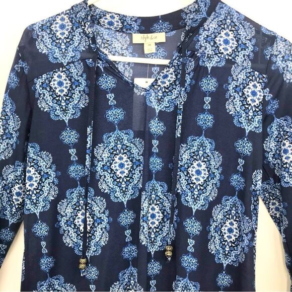 Style & Co. Navy Blue Medallion Print Peasant Boho Blouse - Picture 3 of 15